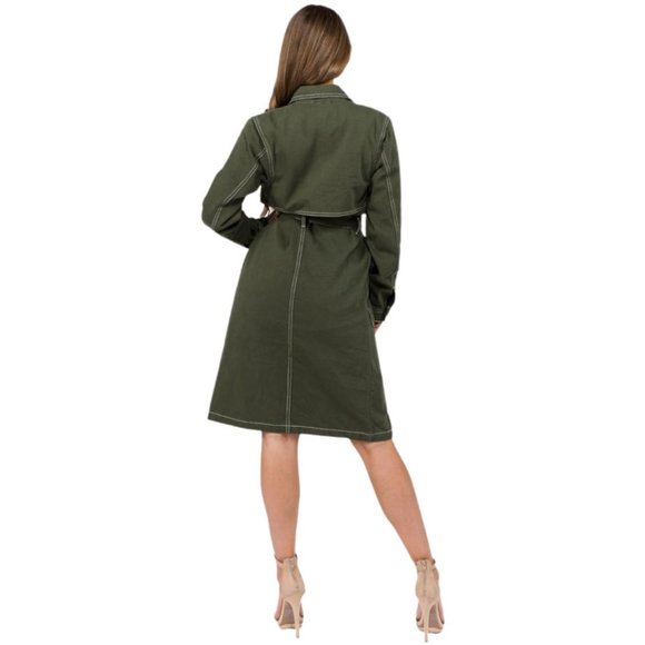 American Bazi WOMEN'S OLIVE DENIM TRENCH COAT JACKET - Picture 2 of 3